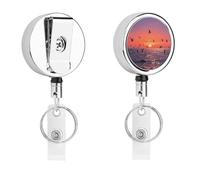 Sunset Seagulls Badge Reel Retractable Stainless Steel Badge Clip with Lanyard Cute Badges Reel Holder Heavy-Duty Nurse Doctor Name Tag Badges Clip for Work