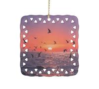 Sunset Seagulls Ceramic Christmas Ornament Xmas Tree Hanging Pendant Double Sided Pattern Festive Square Ornament Holiday Home Party Decoration Gifts