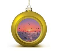 Sunset Seagulls Christmas Ball Ornaments - Golden Shatterproof Plastic Vintage Rustic Xmas Tree Decorations Pendant for Family Holiday Wedding Party Xmas Hanging Decoration
