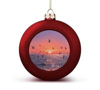 Sunset Seagulls Christmas Ball Ornaments - Red Shatterproof Plastic Vintage Rustic Xmas Tree Decorations Pendant for Family Holiday Wedding Party Xmas Hanging Decoration