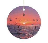 Sunset Seagulls Double-Sided Ceramic Christmas Ornaments - Round Hanging Mini Xmas Tree Decorations, Ideas for Farmers, Rustic Home Decor for Indoor Outdoor Tree Decor