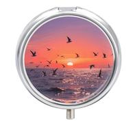 Sunset Seagulls Pill Box,3 Compartments Round Small Pills Case Moisture-Proof Portable Pill Container for Travel Vitamins Fish Oil Supplements