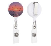 Sunset Seagulls Retractable Badge Reel - Personalized ID Name Badge Holder with Lanyard Cute Badges Reel Holder Round Nurse Doctor Name Tag Badges Clip for Work