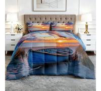 Sunset Seascape Coverless Duvet King 7.5 Tog, Reversible All-Season | Comforter 230x220 cm Beach Boat Soft Warm Camping Blanket Washable Quilt, Bedding Set with Pillowcase U182