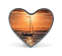 Sunset Seascape Sailboat Floating Buttons Pin Memorial Boutonniere for Wedding Groom Bride, Customize Lapel Heart Pin for Christmas, Men Women Costume Decorative Fashionable Brooches