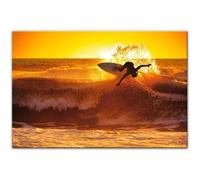 Sunset seascape surfing wave canvas painting, 50x90 cm, frameless | A stunning sunset and surfing views, along with a tranquil coastal atmosphere, elevate the style of the interior wall space.