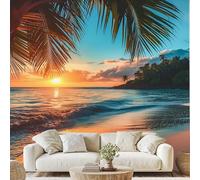 Sunset Seaside Palm Trees Self Adhesive Wallpaper Summer Ocean Tropical Scenery Wall Stickers 350x256 cm Beautiful Clouds Photo Wallpaper Non-Woven Murals for Bedroom Living Room Wall Decals gu145l