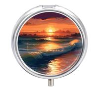 Sunset Seaside Round Pill Box 3 Compartment Small Pill Box Round Portable Pill Case to Hold Vitamins Medication Fish Oil and Supplements Travel Purse Pocket Gift