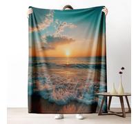 Sunset Seaside Scene Blanket 40x50 Inch Warm Soft Lightweight, Ocean Wave Sandy Beach Throw Blanket for Sofa, Flannel Blanket, Hawaii Coastal Landscape Fleece Blanket, Washable Cozy All Season