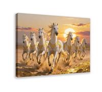 Sunset Seven Running Horses Vastu Canvas Wall Art Print White Horses for Home Office Prosperity Decor, 24x36inch(60x90cm) Frame