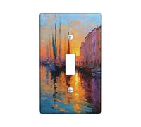 Sunset Single Light Switch Cover Plate, Impressionism Artistic Boats Water Summer Orange Plastic Standard Size Wall Switch Plates Accents for New Apartment Home Bedroom Office Decor (Single)