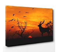 Sunset Stag and Birds Landscape Canvas Print | Gallery Wrapped 30mm Frame Wall Art | 30x20 inches | Ready to Hang | Modern Animals Picture | Living Room Bedroom Lounge Office