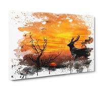 Sunset Stag and Birds Landscape V3 Canvas Print | Gallery Wrapped 30mm Frame Wall Art | 20x14 inches | Ready to Hang | Modern Animals Picture | Living Room Bedroom Lounge Office