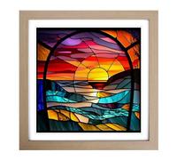 Sunset Stained Glass Effect Framed Print | 18x18 Inch Oak Framed Wall Art | Ready to Hang | Modern Landscape Picture | Living Room Bedroom Lounge Office