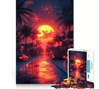 Sunset Street with Palm Trees And Cars Teenagers 1000 Piece Jigsaw Puzzle Mind Exercise Toy Group Play Precision Cut Festival Gift (38x26cm)