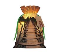 Sunset Stunning Lake Bridge Printed Christmas Drawstring Bags Reusable Xmas Bag for Party Xmas Gift Wrapping, Green Ribbon, S