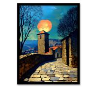 Sunset Sun Over Medieval Sicily Village Travel Framed Art Print Artery8 Blue W12 inch x H16 inch