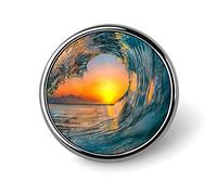 Sunset Sun, Sea Water, Great Ocean Waves Swirl Round Badge Smooth Surface Lapel Tie Pin, Lightweight Badge for Women Men Office Worker Nurse Teacher Student Shirts Backpack