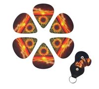 Sunset Sunflower Guitar Picks 6 Pack, 0.71mm Thickness Celluloid Bass Pick with Leather Guitar Pick Holder Keychain Abstract Art Pics Plectrum for Acoustic Electric Guitar, Ukulele, Bass