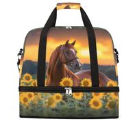 Sunset Sunflower Horse Foldable Travel Duffel Bag Large Capacity Sports Gym Bag with Wet Dry Compartment Shoe Pocket Lightweight Carry On Overnight Weekender Bag for Women Men