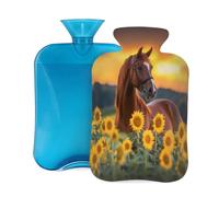 Sunset Sunflower Horse Hot Water Bottle with Cover, 2L PVC Hot Water Bag for Pain Relief, Hand Foot Warmer, Hot & Cold Therapy with Removable Cover, Gift for Women Kids Family