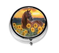 Sunset Sunflower Horse Round Pill Box with 3 Compartments, Mini Metal Pill Organizer for Purse or Pocket, Lightweight Portable for Daily Use Gifts Travel