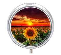 Sunset Sunflower Pill Box Cute Round Pill Case Portable Medicine Tablet Vitamin Holder Organizer for Purse Pocket
