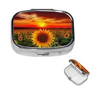 Sunset Sunflower Pill Box with Mirror 2 Compartment Decorative Pill Case for Purse or Pocket Small Square Pill Organizer Weekly Metal Medicine Tablet Vitamin Holder Travel Gift