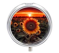 Sunset Sunflower Pill Organizer 3 Compartments, Round Small Pill Box for Purse & Pocket, Portable Daily Medicine Box to Hold Vitamins, Supplements, Pills, Fish Oil