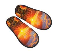 Sunset Sunflower Slippers for Women Men Farm Non-Slip House Slippers Indoor Comfy Fuzzy Footwear Memory Foam Bedroom Travel Shoes M