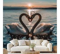Sunset Swan Lake Mural Swan Couple Wallpaper 300x210 cm Heart Swan Wall Decals Peel and Stick Wall Art for Bedroom Kitchen Bathroom Stickers Home Decor ad62q