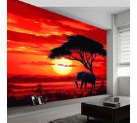 Sunset Tree Elephant Landscape Photo Wallpaper Red, Non-Woven Premium Fleece 400 x 280 cm (WxH) Large Wall Mural, for Bedroom Living Room Decoration Poster