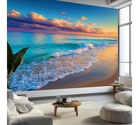 Sunset Twilight Beach Scene Photo Wallpaper 300 x 210 cm Non-Woven Premium Fleece Wall Mural, Blue Bedroom Dining Room Kitchen Living Room Decoration Poster
