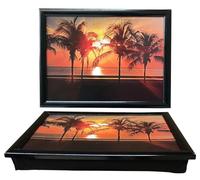 Sunset View Large Wooden Lap Tray with Soft Cushioned Bean Bag - Ideal for Laptops, Dinner, Drinks, and Food Serving Tray