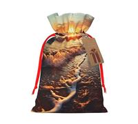 Sunset View On The Beach Shore Christmas Drawstring Gift Bags Reusable Christmas Wrapping Bag W/Tags 4.7x6.9 Inch Xmas Treat Pouch Goody Bags Candy Treat Bag For Xmas Holiday Presents Party Favor