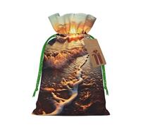 Sunset View On The Beach Shore Christmas Drawstring Gift Bags Reusable Christmas Wrapping Bag W/Tags 8.3x11.8 Inch Xmas Treat Pouch Goody Bags Candy Treat Bag For Xmas Holiday Presents Party Favor