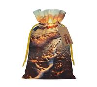 Sunset View On The Beach Shore Christmas Drawstring Gift Bags Reusable Christmas Wrapping Bag W/Tags 8.3x11.8 Inch Xmas Treat Pouch Goody Bags Candy Treat Bag For Xmas Holiday Presents Party Favor