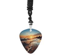 Sunset View on The Beach Shore Guitar Pick Necklace Exquisite Cool Pendant Necklaces Titanium Steel Personalized Necklaces Fashion Guitar Pick Holder Necklace Unisex Unique Gifts