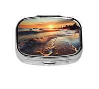 Sunset View On The Beach Shore Pill Case 2 Compartment Pill Box Portable Metal Pill Organizer Cute Travel Pill Container Vitamin Organizer for Purse Pocket Travel Gift