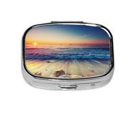Sunset View On The Beach Shore Print Pill Box 2 Compartment Medicine Pill Case,Portable for Pocket Or Purse Pill Box Decorative Metal Medicine Organizer