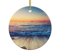 Sunset View on The Beach Shore Print Round Xmas Ornaments, Christmas ceramic pendant Hanging for Xmas Tree Home Indoor Outdoor Decor