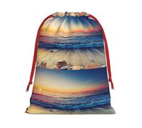 Sunset View On The Beach Shore Printing Drawstring Gift Bag With Red Ribbon Soft Stylish For Christmas Halloween Fits Card Candies