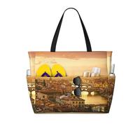 Sunset View Print Large Waterproof Beach Tote Bag for Women with Zip and Pockets Foldable Handbag for Travel Pool Shopping Holiday Gym