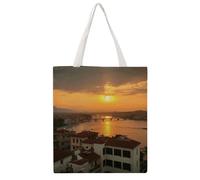 Sunset View Tote Bag, Aesthetic Canvas Tote Bag Reusable Grocery Shopping Bag for Women Men