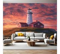 Sunset Wall Mural 250 x 180 cm Lighthouse and Grass Non-Woven Art Print Wallpaper Mural for Walls Living Room Bedroom TV Background Boys Girls Kids Rooms Decoration