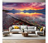 Sunset Wall Mural Colorful Pebbles on The Lake Photo Poster Mural Wallpaper Non-Woven Premium Art Print Living Room Bedroom Nursery TV Background Home Decor 300 x 210cm