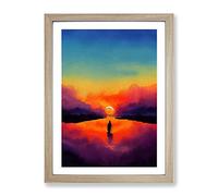 Sunset Watercolour No.3 Framed Print | A2 Oak Framed Wall Art | Ready to Hang | Modern Landscape Picture | Living Room Bedroom Lounge Office