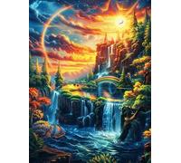 Sunset Waterfall Castle 500 Pc DIY Jigsaw Puzzle Wild Animal Flowers Puzzles for Adults Teens Hard Challenging Team Building Stress Reducing Autumn Rigid Cardboard 500 PCS