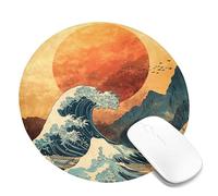 Sunset Waves Art Mouse Pad, Red Yellow Coastal Ocean Design Stitched Edge Mousepad, Rubber Non-Slip Washable Gaming Mouse Pad for Home and Office Computer, Laptop Round 8x8 Inch