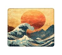 Sunset Waves Art Mouse Pad, Red Yellow Coastal Ocean Design Stitched Edge Mousepad, Rubber Non-Slip Washable Gaming Mouse Pad for Home and Office Computer, Laptop Square 8x10 Inch